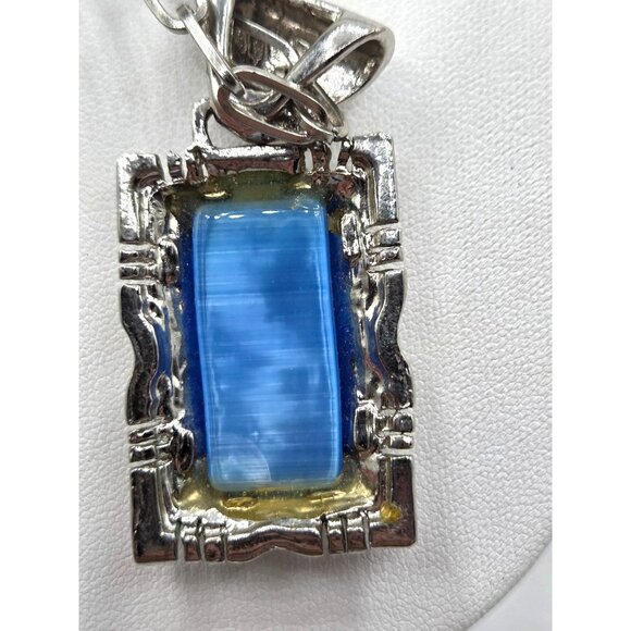 Vintage Silver & Gold-Toned Rectangular Blue Stone Pendant Necklace With Double - Picture 3 of 5
